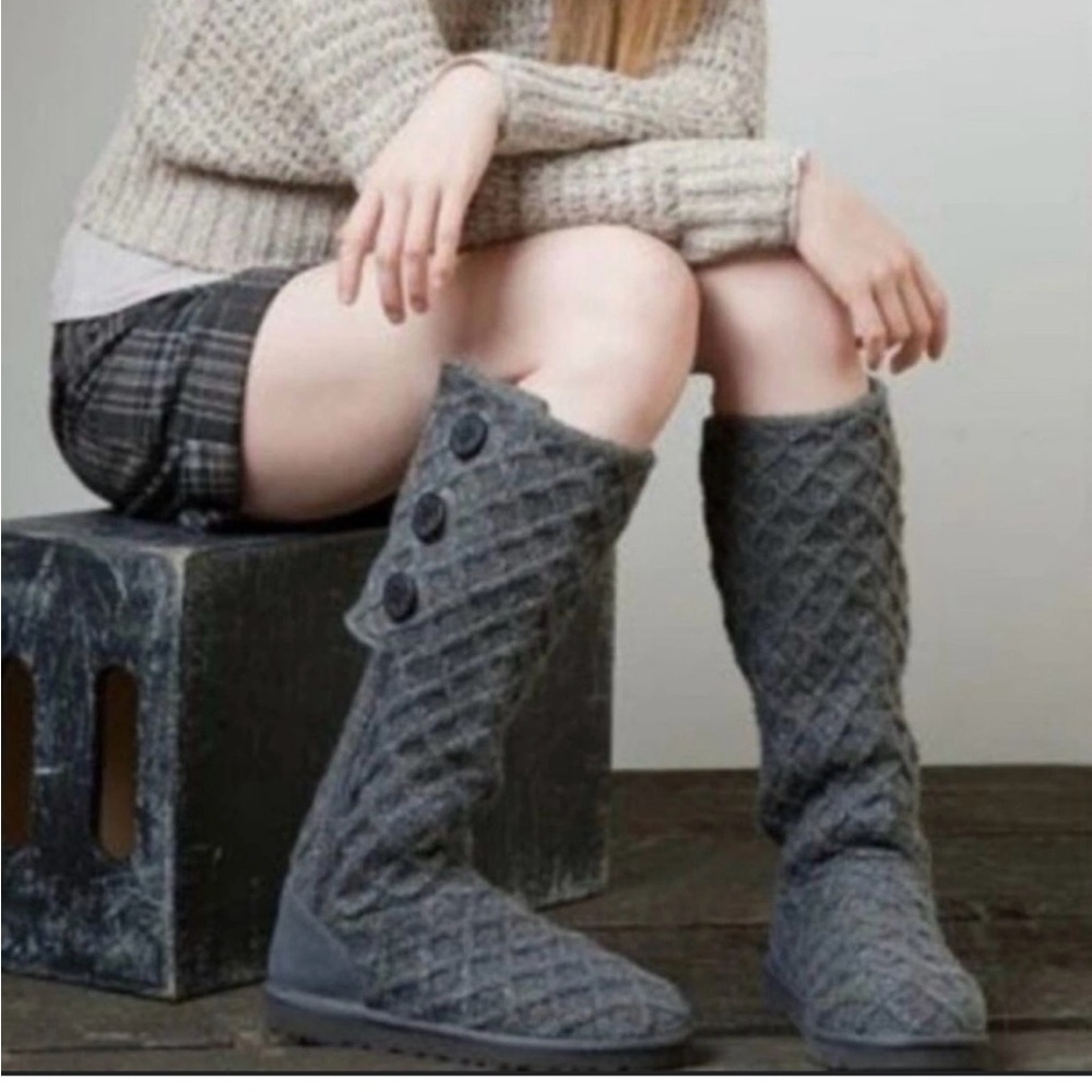 UGG Women's Gray Cable-Knit Over-the-Knee Button Boots